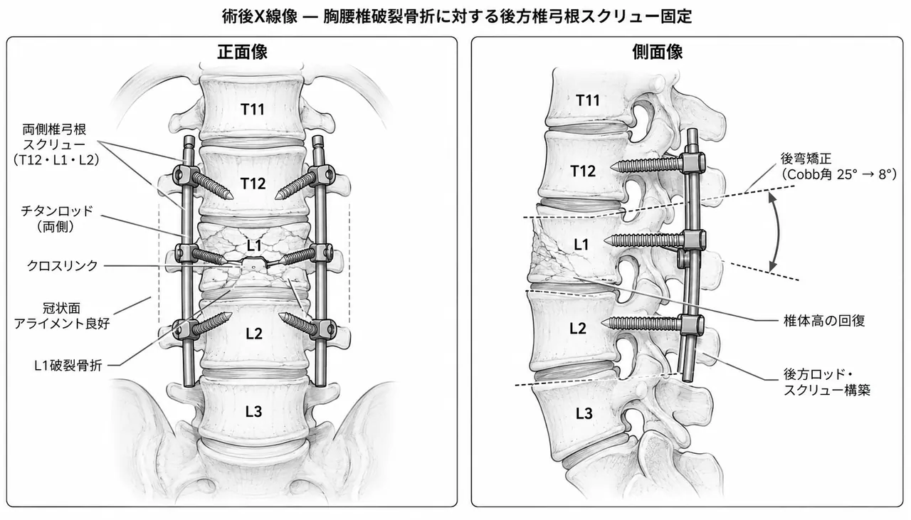 術後X線像（正面/側面）— 椎弓根スクリュー固定・後弯矯正後