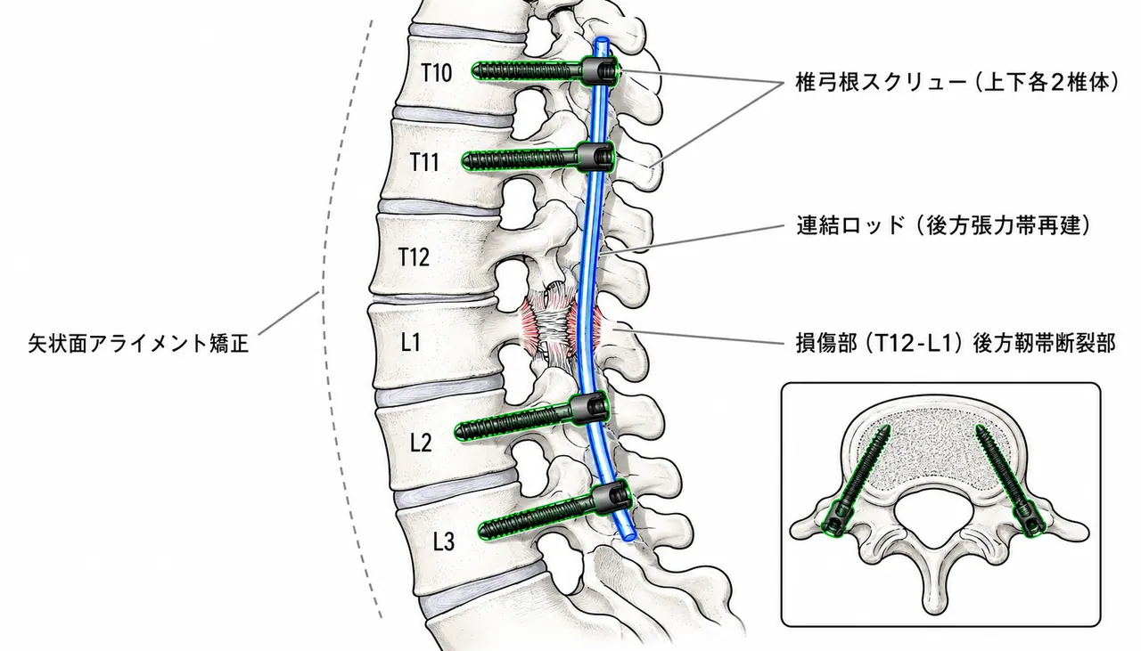 固定構成 — 椎弓根スクリュー＋ロッド固定による後方張力帯再建（上下2椎体固定）