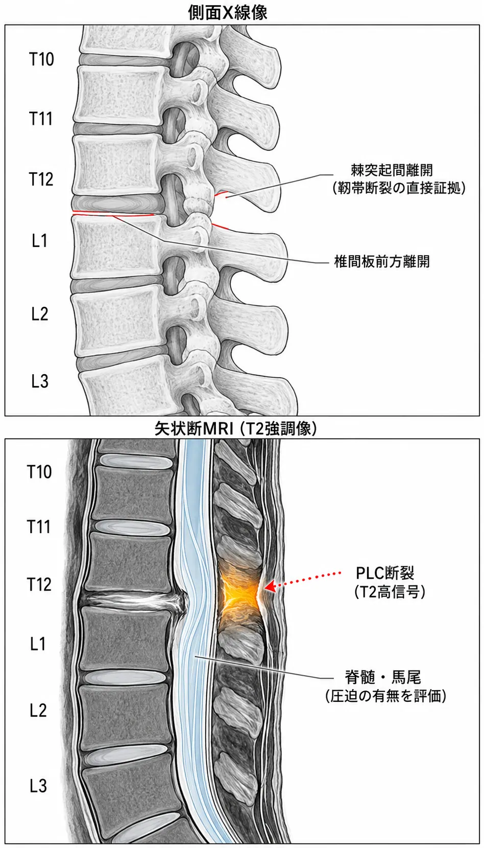 X線・CT評価 — 51-B1 棘突起間離開と後方靭帯断裂の評価（側面像）
