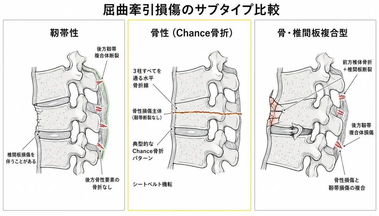 AO 51-B分類比較 — B1（靭帯性）vs B2（骨性 / Chance骨折）vs B3（椎間板性）