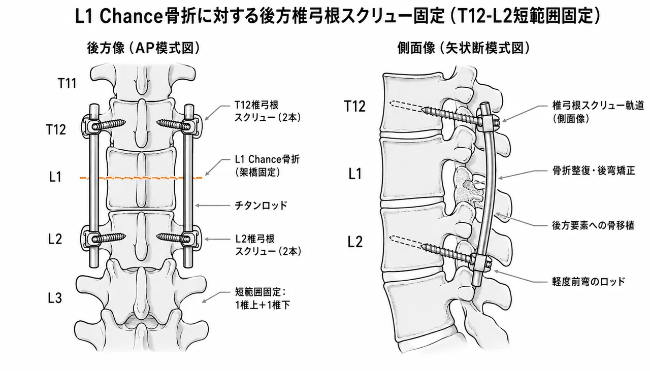 ペディクルスクリュー固定 — L1 Chance骨折に対するT12-L2短節固定（上下各1椎体、計4本）