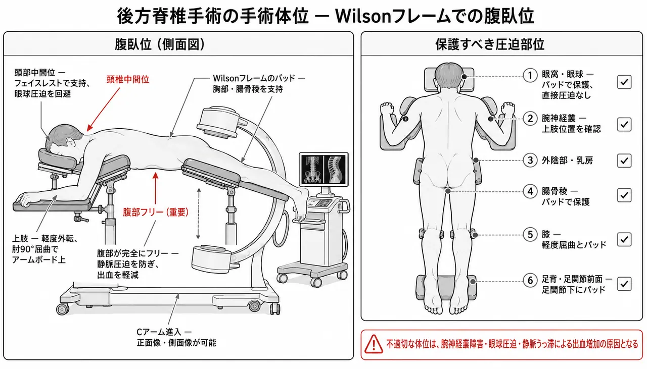 手術体位（腹臥位・ウィルソンフレーム） — 腹部フリー・透視確認位置