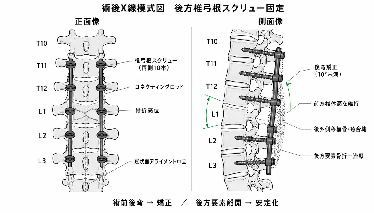 術後X線像（正面/側面）— 後方椎弓根スクリュー固定、後弯矯正確認