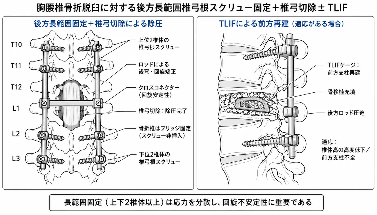 固定構成 — 後方長節椎弓根スクリュー固定＋椎弓切除減圧（＋TLIF前柱再建）