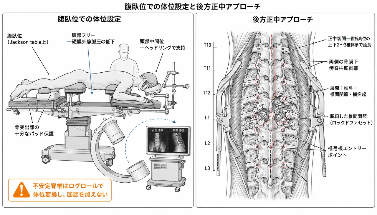 体位・アプローチ — 腹臥位・脊椎フレームでの後方経路アプローチ（正中切開・傍脊柱筋剥離）
