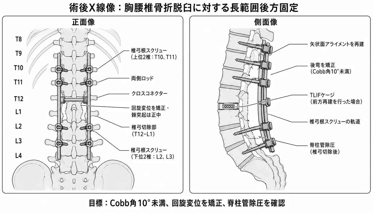 術後X線像（正面/側面）— 長節椎弓根スクリュー固定後の整復位と矢状面アライメント確認