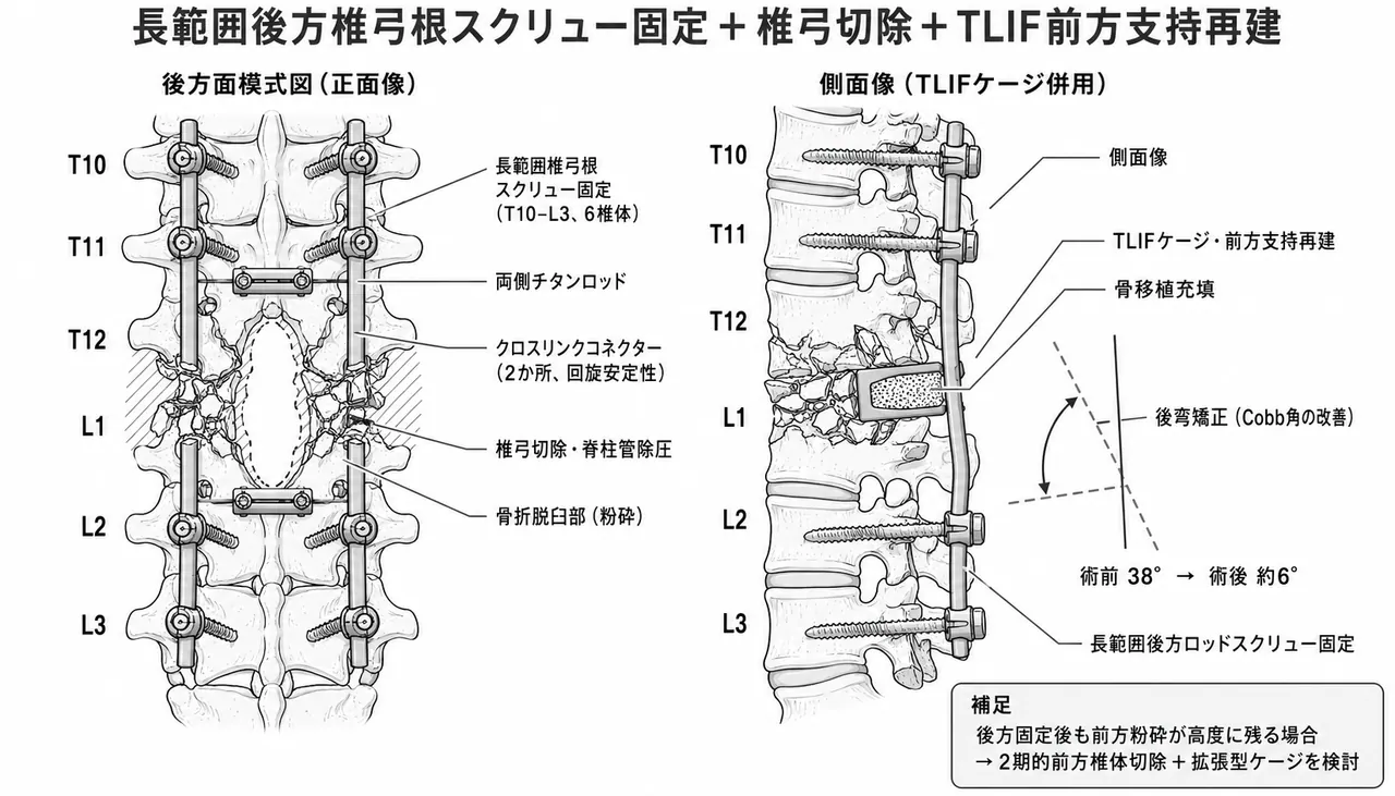 固定構成 — 後方長節椎弓根スクリュー固定＋椎弓切除除圧＋前柱再建ケージ（ステージング手術時）