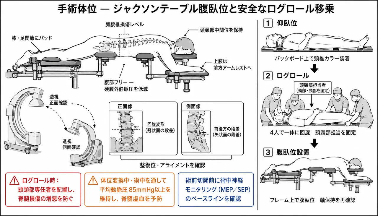 体位・アプローチ — 腹臥位・脊椎フレームでの後方経路アプローチ（ログロール変換・透視確認）