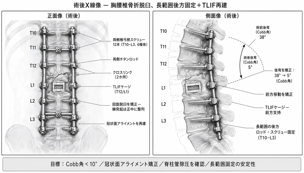術後X線像（正面/側面）— 長節椎弓根スクリュー固定後の整復位・矢状面アライメント・前柱再建状態の確認