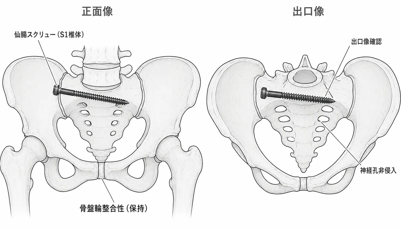 術後X線（AP・Inlet・Outlet）— 仙腸スクリュー設置位置の確認