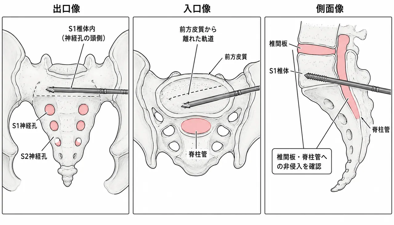経皮的仙腸スクリューの刺入経路 — Inlet/Outlet/側面透視像での軌道確認