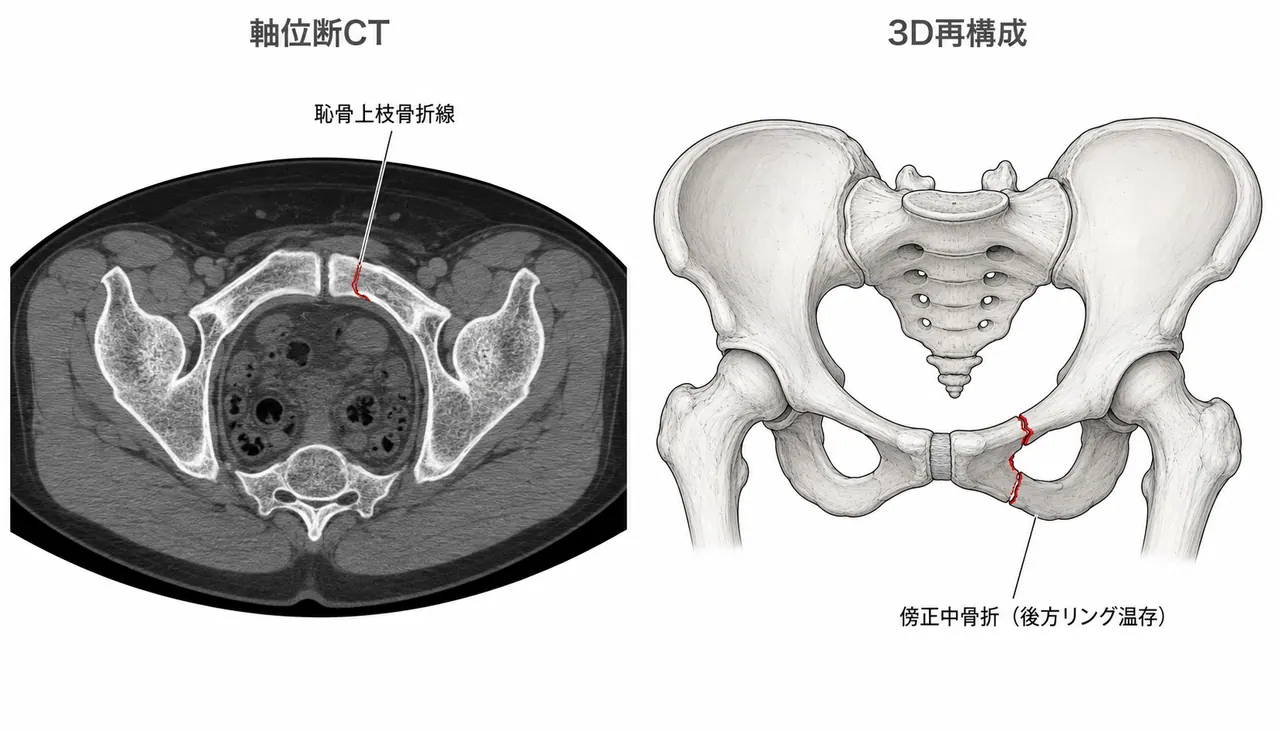 骨盤CT軸位断＋3D再構成 — 恥骨枝骨折形態と後方靱帯複合体評価