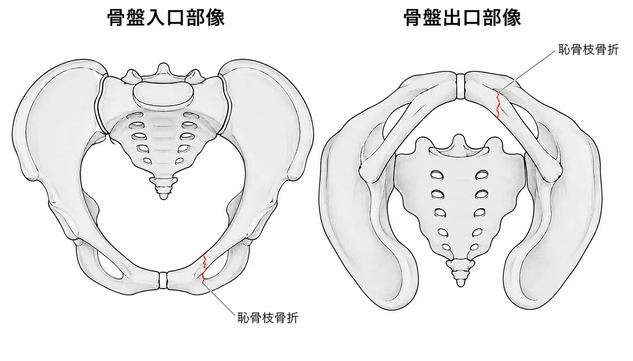 骨盤inlet/outlet View — 骨盤輪の安定性確認・転位方向評価