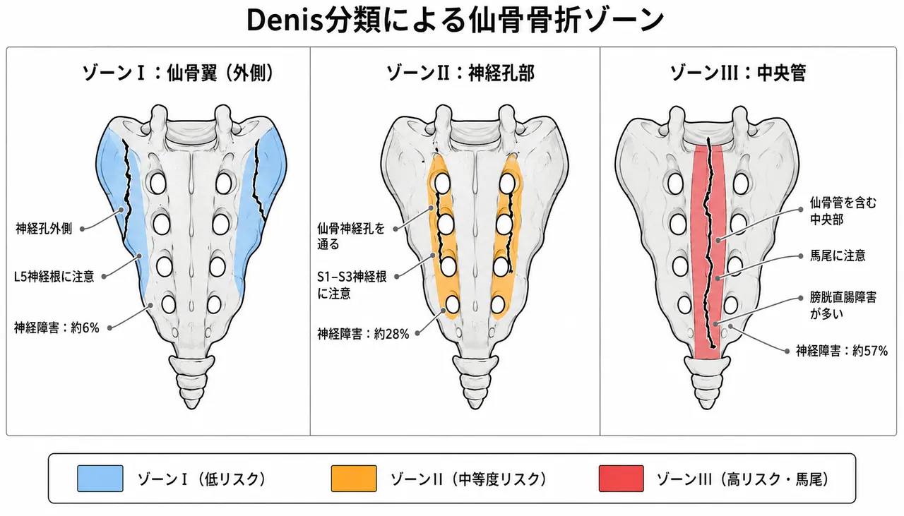 Denis分類模式図 — Zone I/II/III と神経損傷リスク