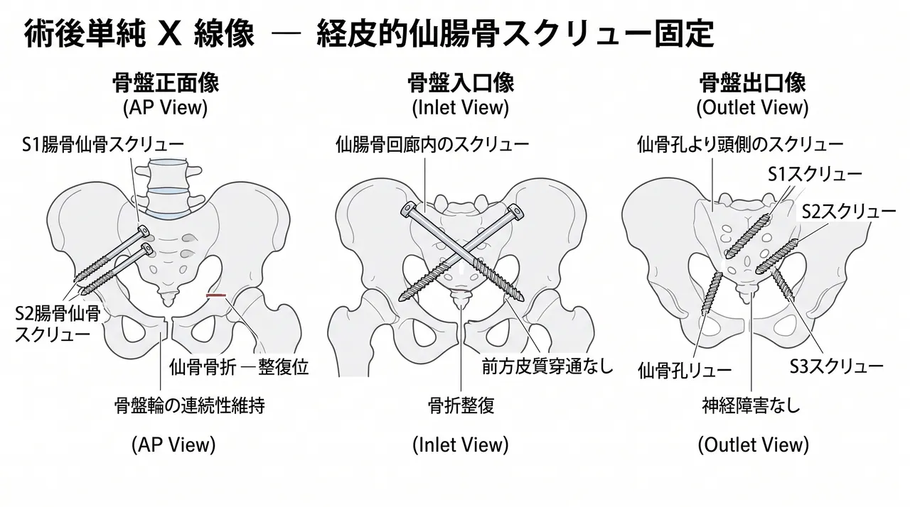 術後X線 — 経皮的仙腸骨スクリュー固定後の骨盤AP/inlet/outlet像