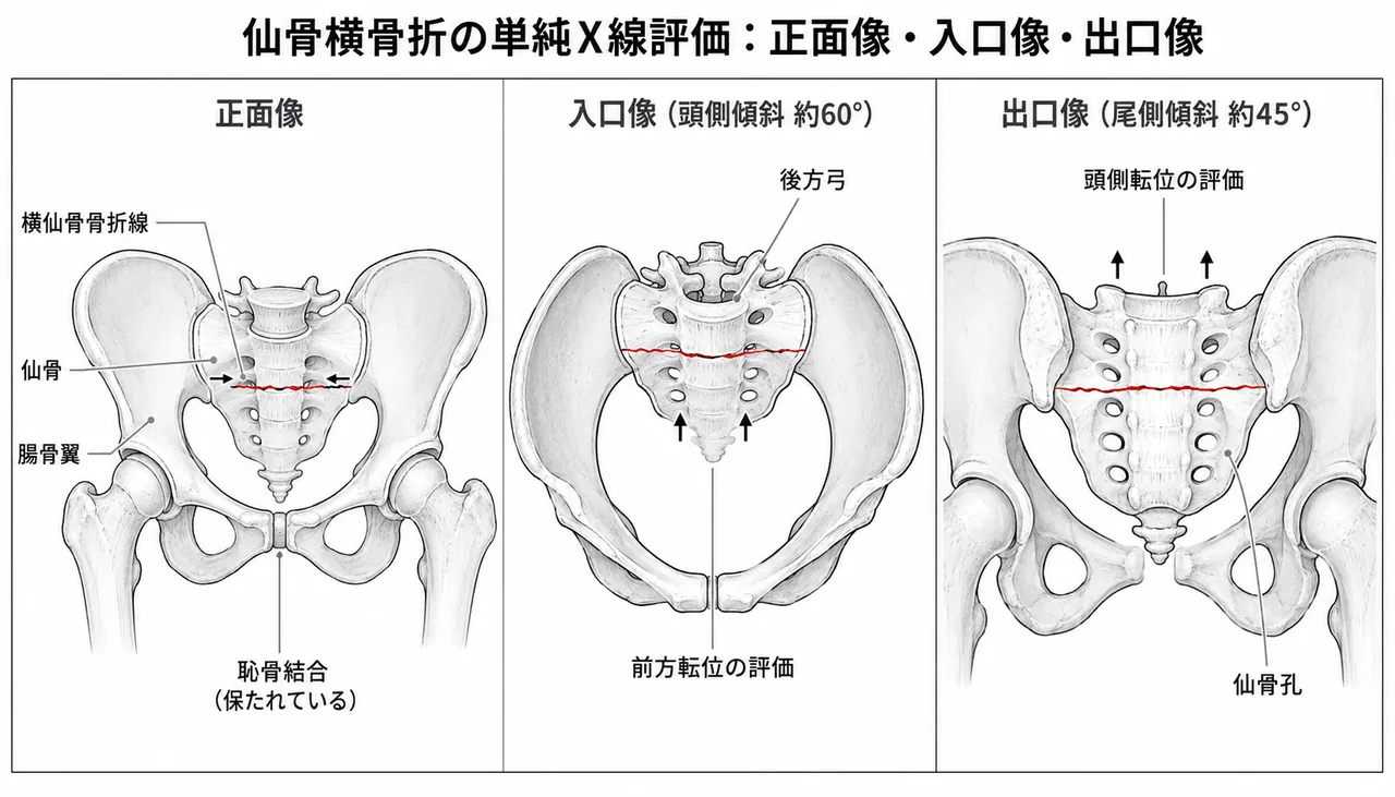 骨盤X線AP・Inlet・Outlet像 — 仙骨横骨折の骨折線確認