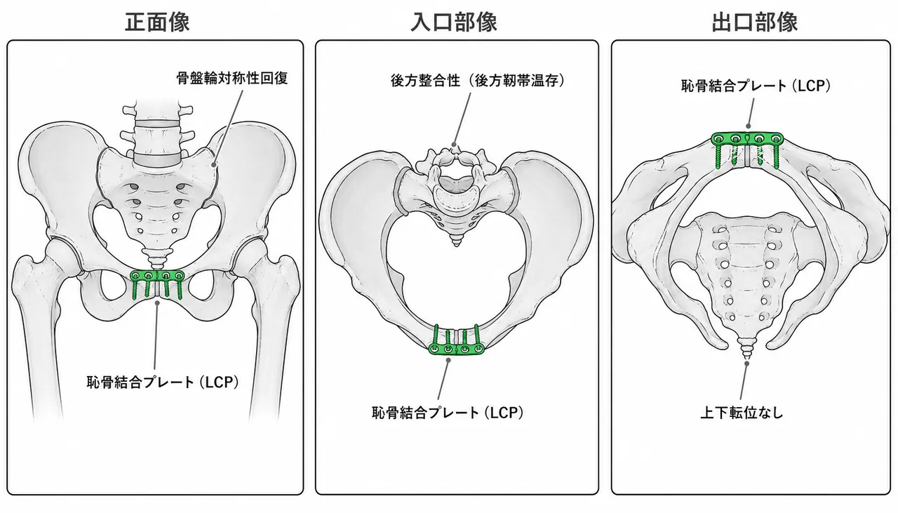 術後骨盤X線像（AP/inlet/outlet）— 恥骨結合プレート固定後