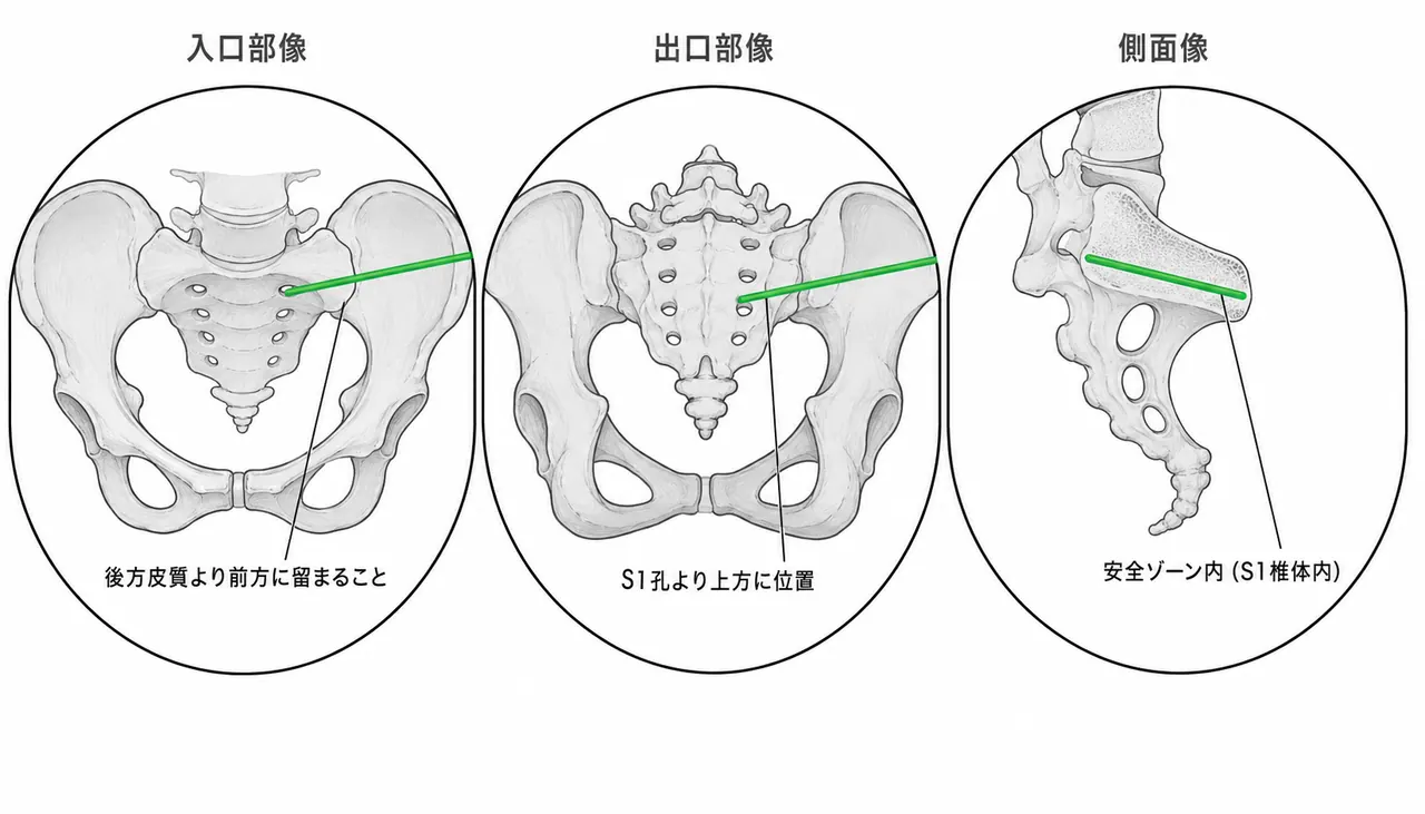 仙腸関節スクリュー固定の透視像 — inlet/outlet/lateral 3方向確認