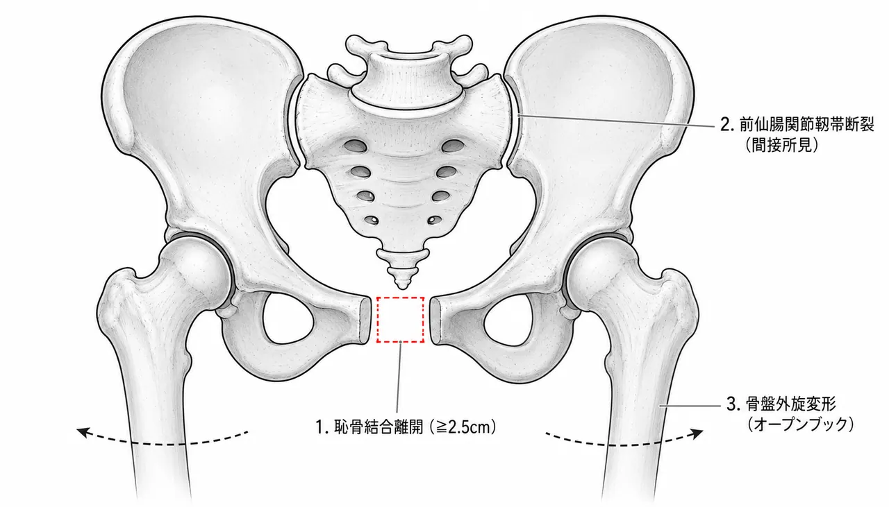 骨盤AP単純X線像 — 恥骨結合離開（open-book変形）