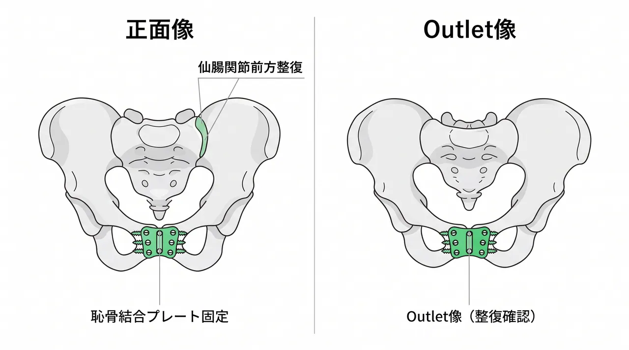 術後骨盤X線 — 恥骨結合プレート固定後の正面・outlet像