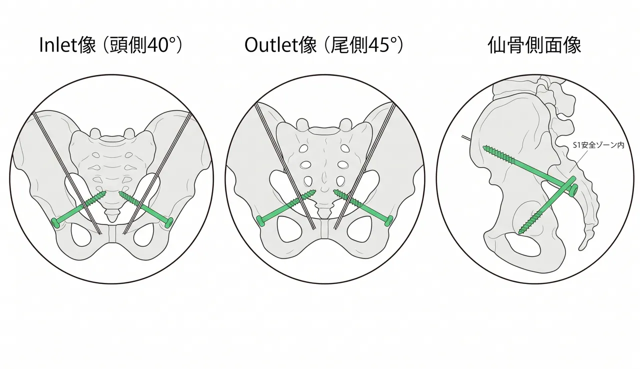 経皮的仙腸関節スクリュー刺入の透視像 — Inlet view（S1安全ゾーン）・Outlet view（仙骨孔外）・Lateral sacrum view（皮質外位置）の3方向確認