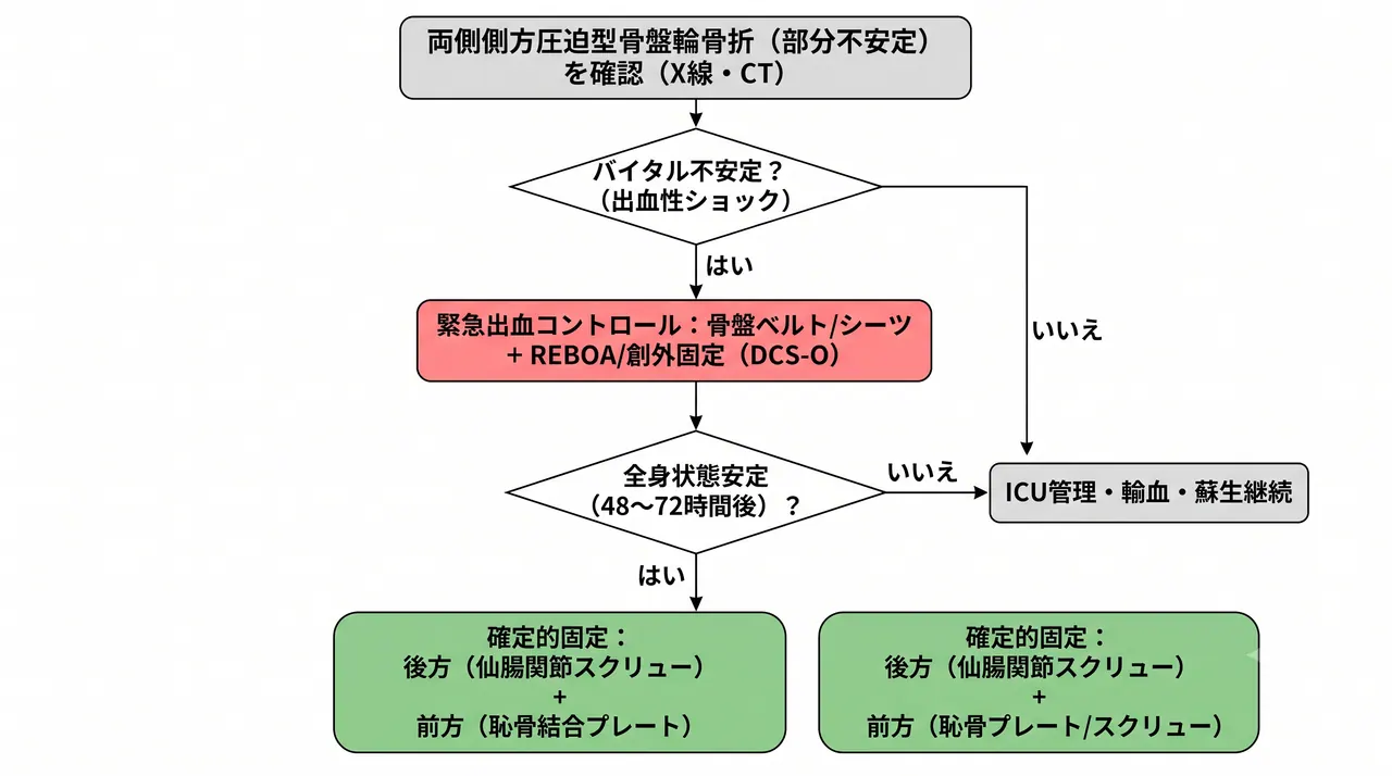 治療選択アルゴリズム — 出血コントロール優先・DCS-O（創外固定）から確定的固定（仙腸関節スクリュー＋前方プレート）への段階的治療フロー