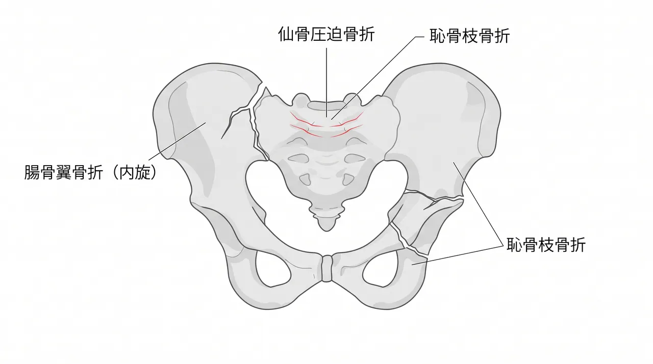 術前X線骨盤AP像 — 両側腸骨翼・恥骨枝骨折と骨盤輪の非対称変形（一側内旋・対側外旋）