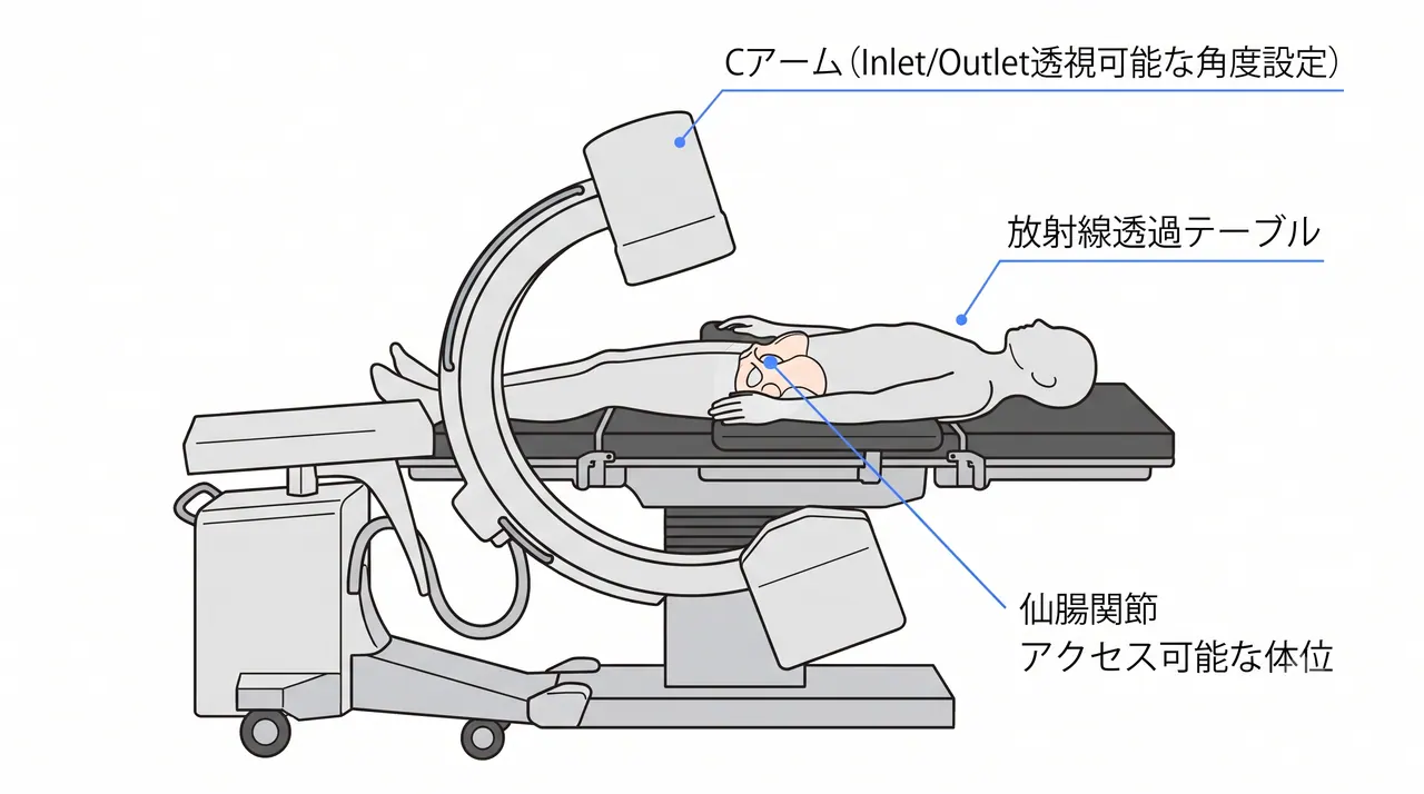 手術体位 — 仰臥位・放射線透過テーブル（inlet/outlet透視可能な設定）