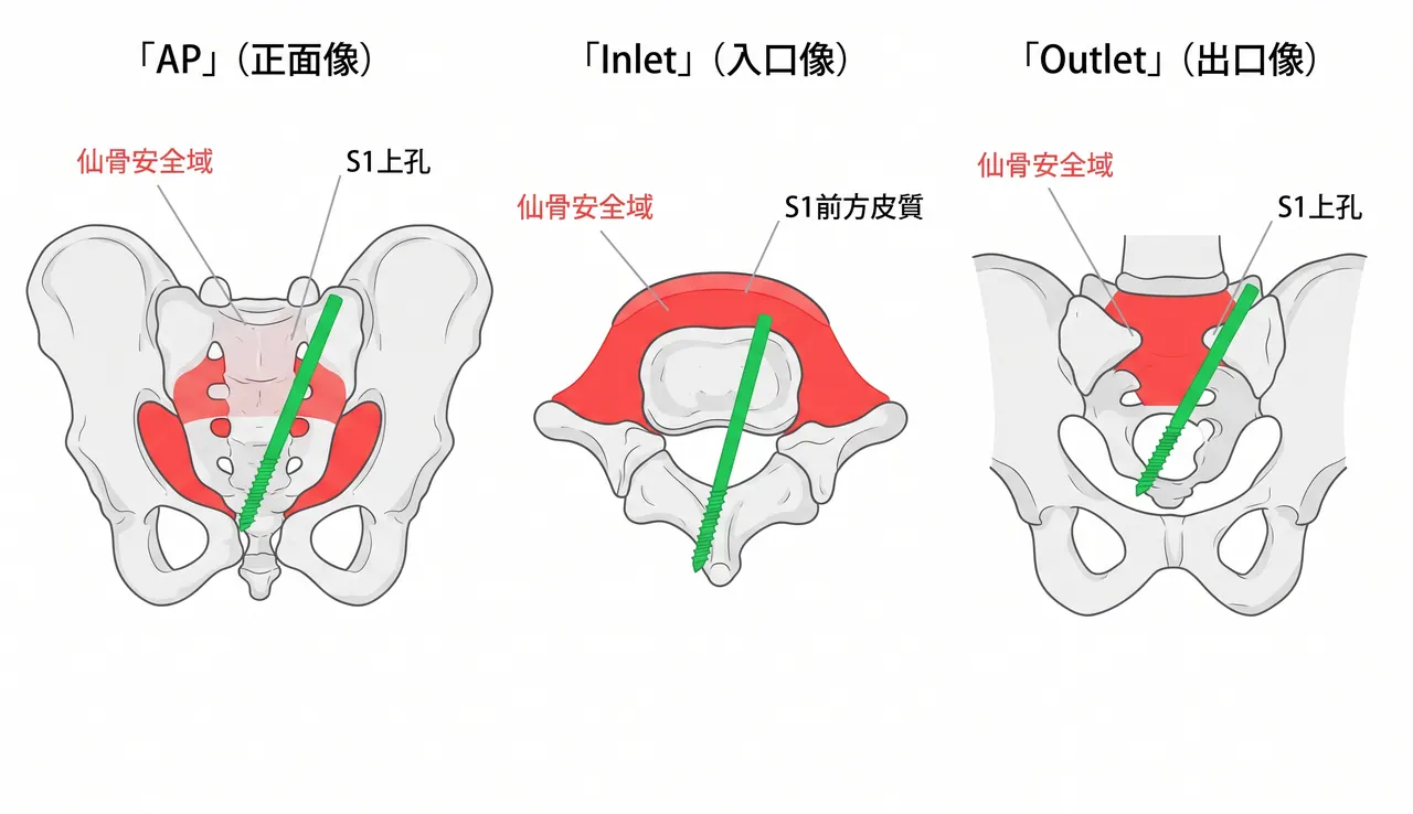 仙腸スクリュー経路の解剖 — S1椎体内のsafe zone（AP / Inlet / Outlet 3方向透視）