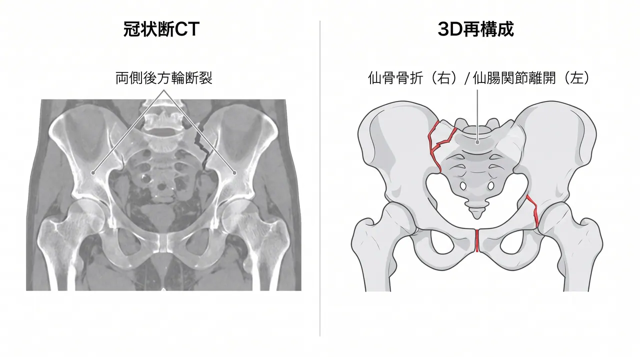 CT冠状断 — 両側後方輪断裂・仙骨骨折パターン