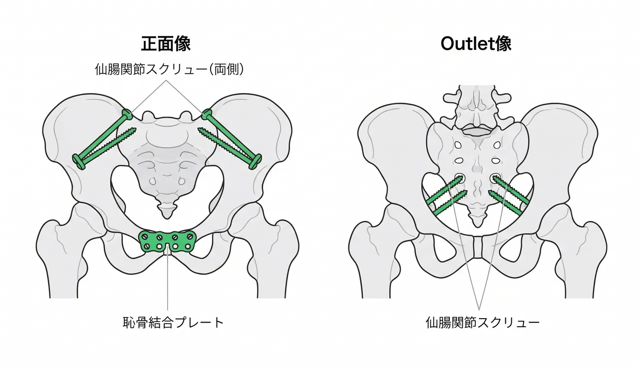 術後X線像 — 両側仙腸関節スクリュー＋前方プレート固定後