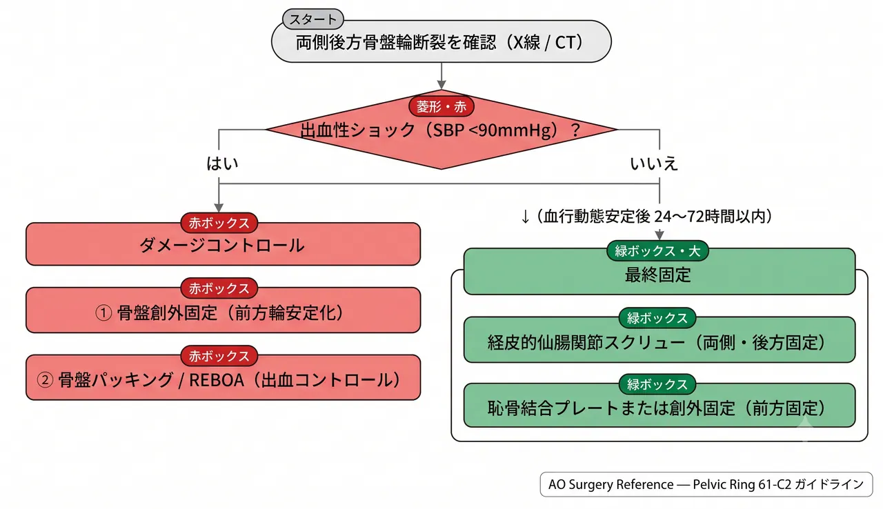 治療選択アルゴリズム — 両側C型・ダメージコントロール→最終固定
