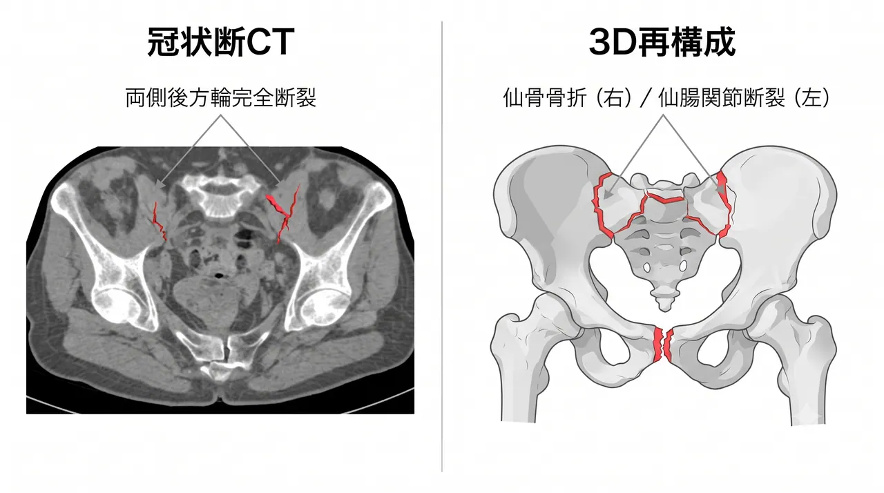 CT冠状断 + 3D再構成 — 両側仙腸関節断裂・両側仙骨骨折パターン
