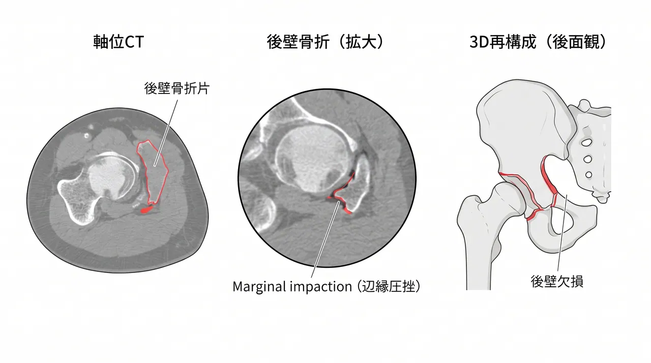 CT軸位断・3D再構成 — 後壁骨折の転位量・後壁面積・marginal impaction・関節内遊離体の評価
