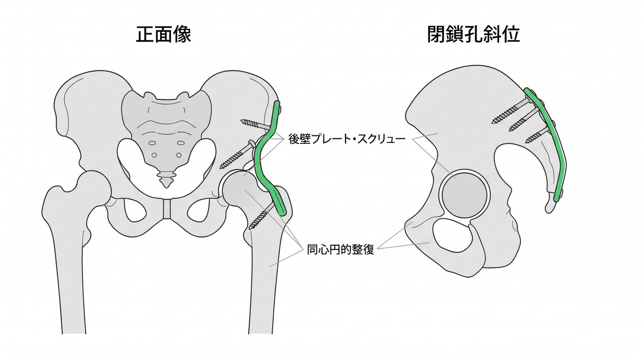 術後X線像（骨盤正面像・Judet斜位）— 後壁骨折の解剖整復とプレート・スクリュー固定の確認