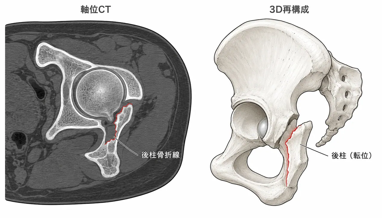 骨盤CT（軸位断・3D再構成）— 後柱骨折の範囲と転位量評価