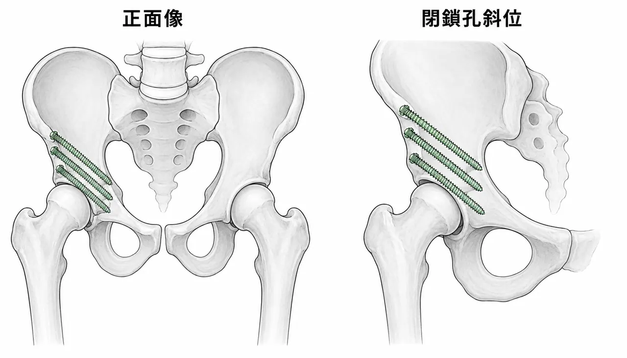 術後X線（AP像・閉鎖孔斜位）— 後柱ラグスクリュー固定後の整復位確認