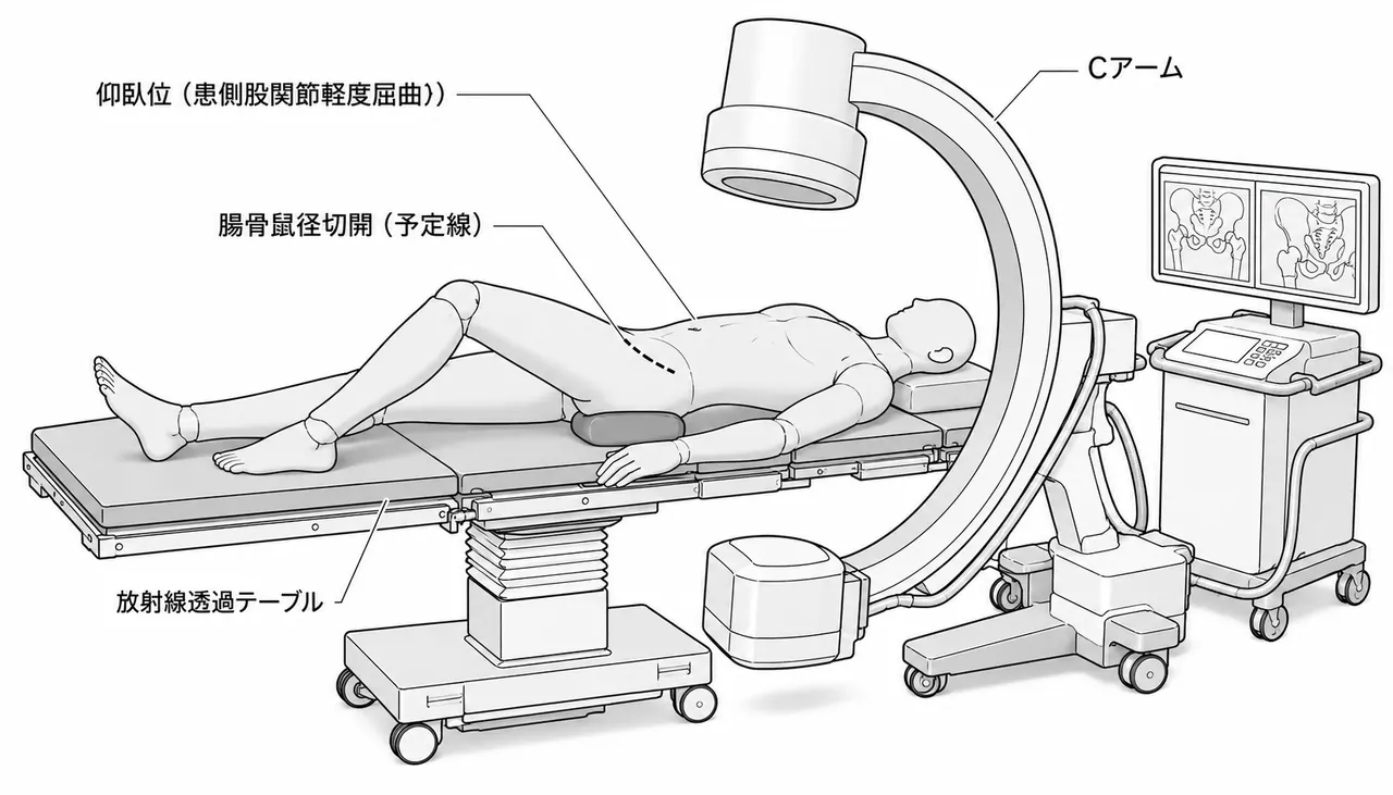 手術体位（仰臥位）— 患側股関節を軽度屈曲し腹部弛緩させた腸骨鼠径アプローチの標準体位