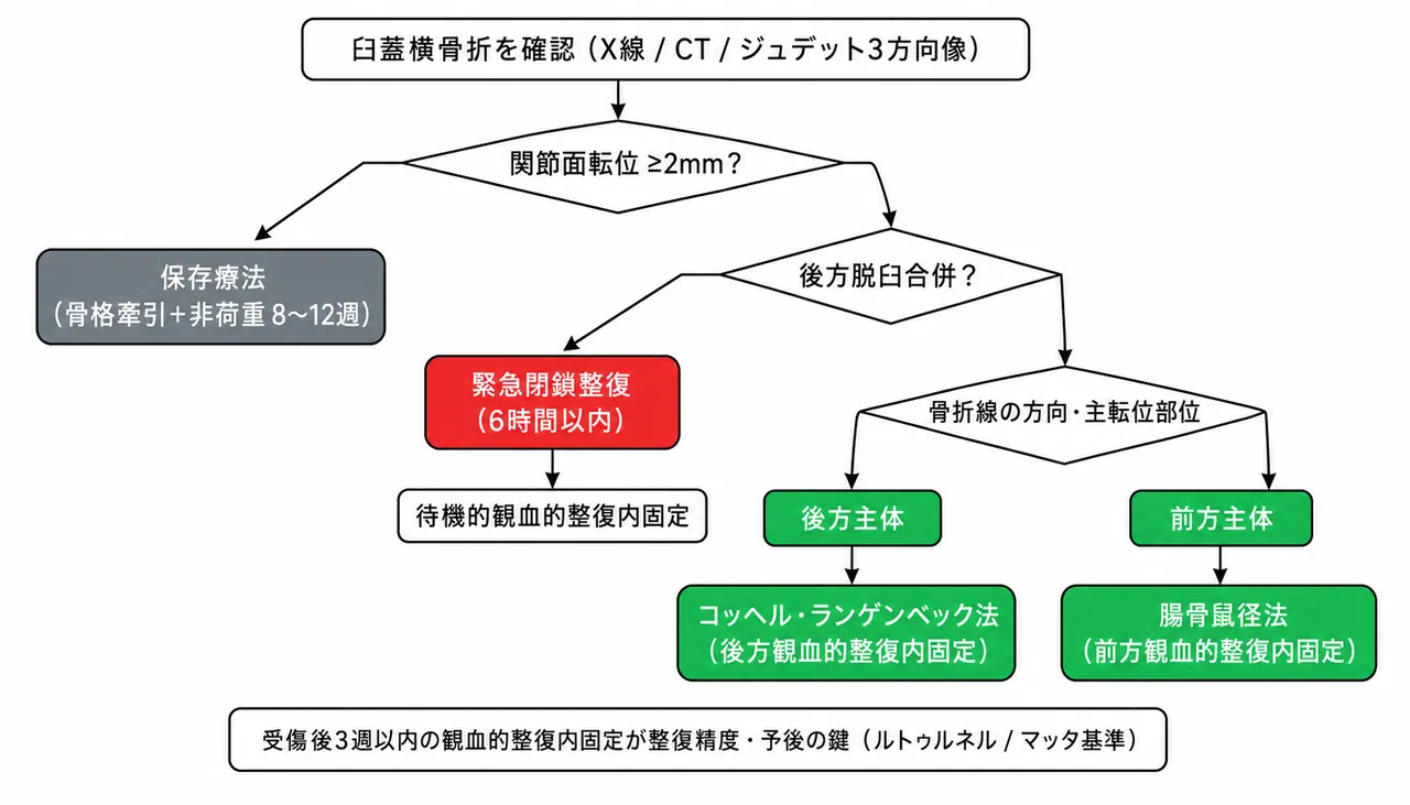 治療選択アルゴリズム — 臼蓋横骨折の転位量評価による保存療法 vs ORIF
