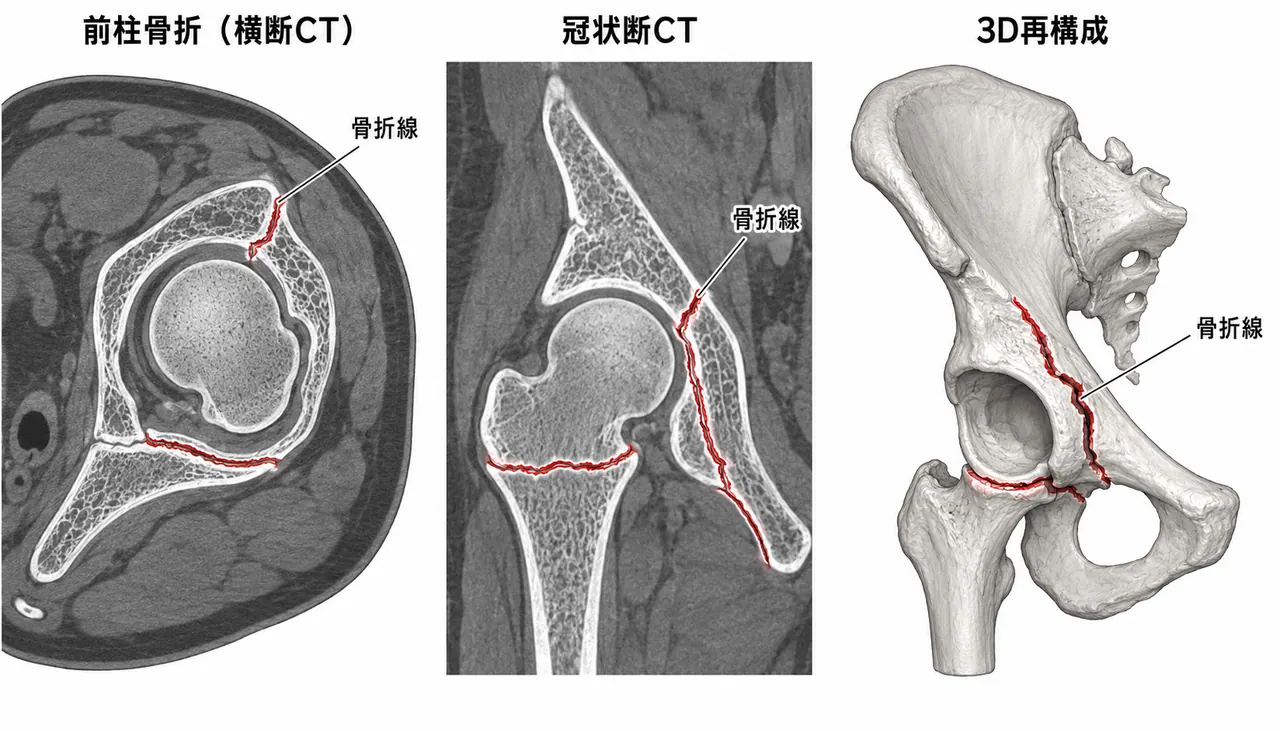 CT横断像・冠状断像・3D再構成 — 前柱転位・後半横走成分・関節内遊離体