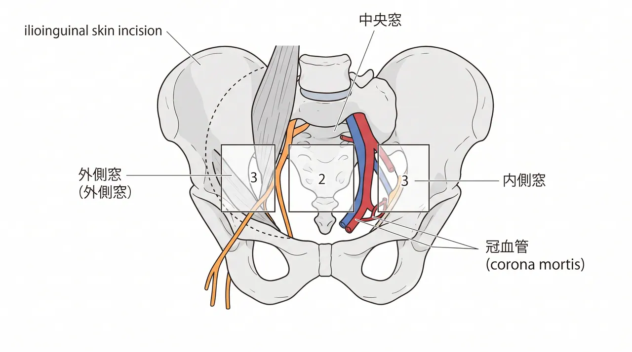 腸骨鼠径アプローチ — 3窓（外側窓・中央窓・内側窓）と解剖構造
