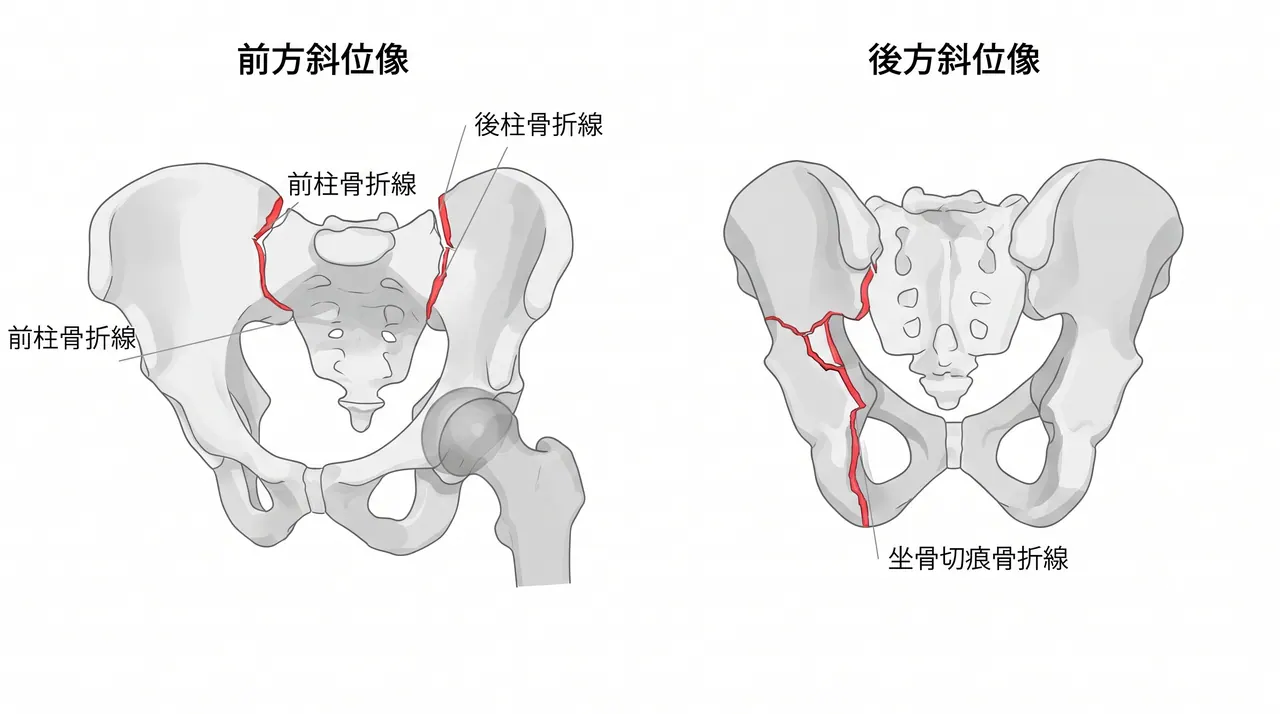 CT 3D再構成 — 両柱骨折の全体像・骨折線走行・転位方向の評価