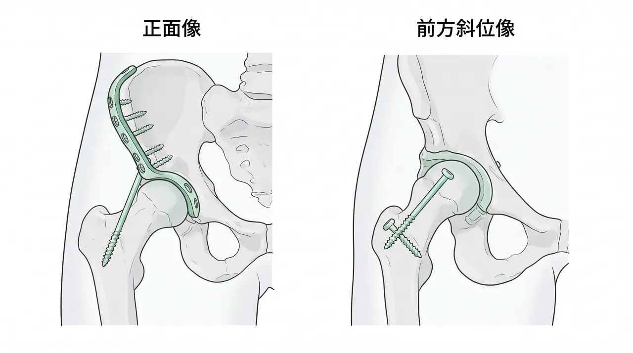 術後X線 — 前柱プレート・後柱スクリュー固定後（AP像・Judet像）