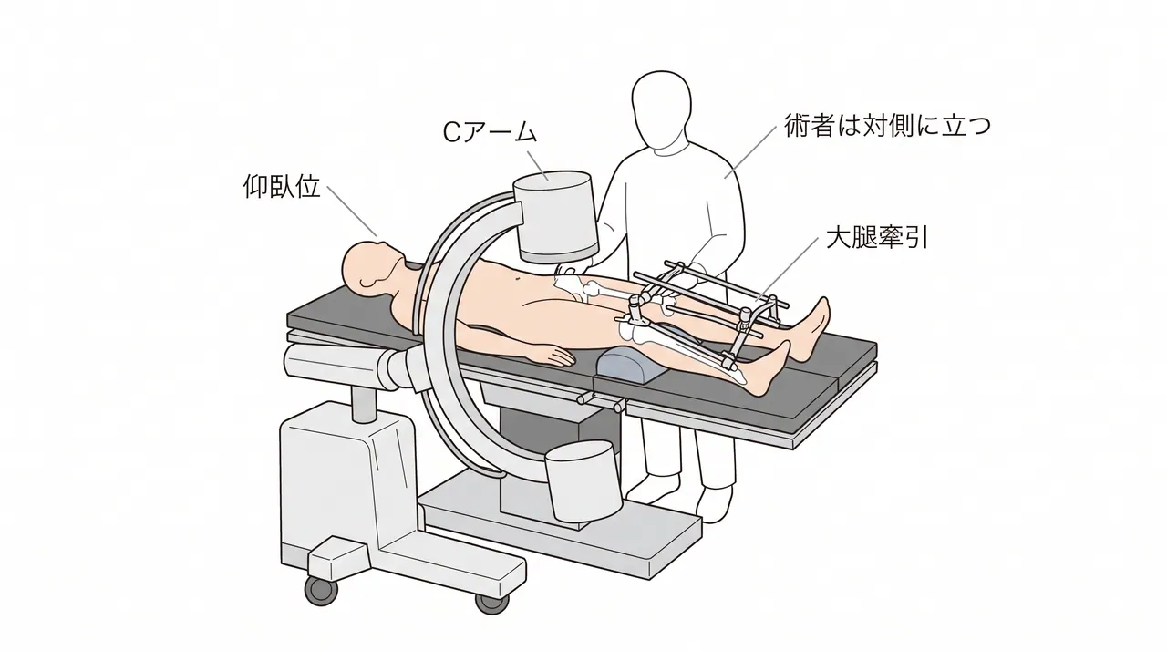 手術体位（仰臥位）— 腸骨鼡径 / modified Stoppaアプローチの標準配置