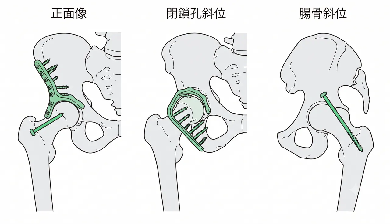 術後X線（正面像・Judet views）— 両柱のプレート・スクリュー固定後の整復位確認