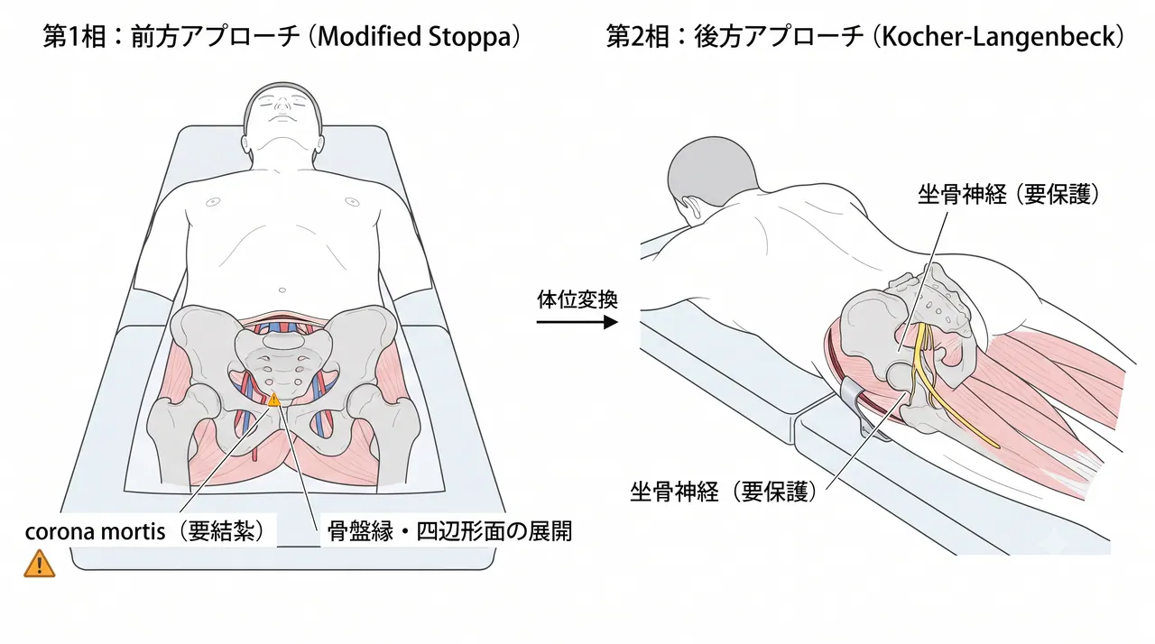 アプローチ — 前後合わせアプローチの展開範囲と主要解剖構造