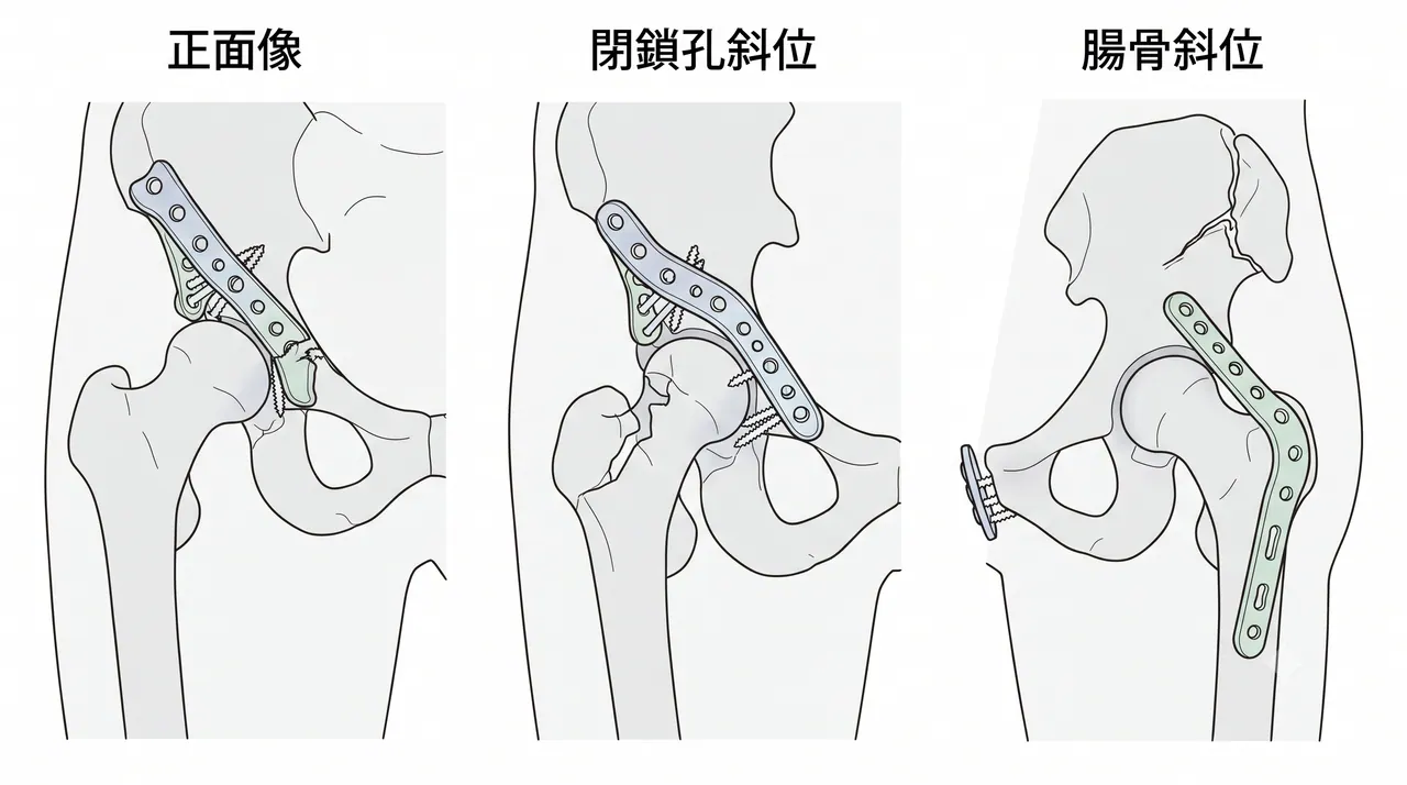術後X線（正面像・Judet views）— 前後柱の多数プレート・スクリュー固定後の整復位確認