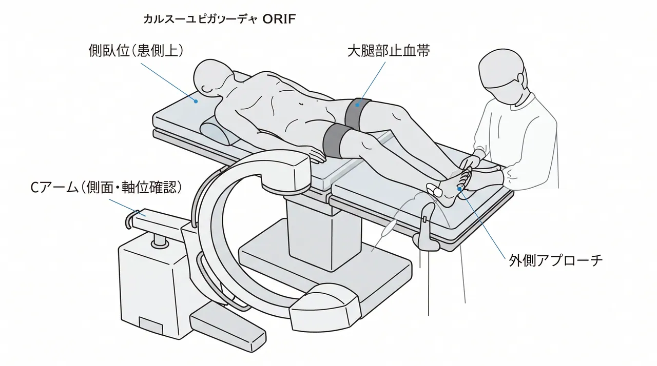 体位・透視設定 — 側臥位・外側アプローチ配置・大腿部止血帯・術中透視（側面・軸位）確認可能な配置
