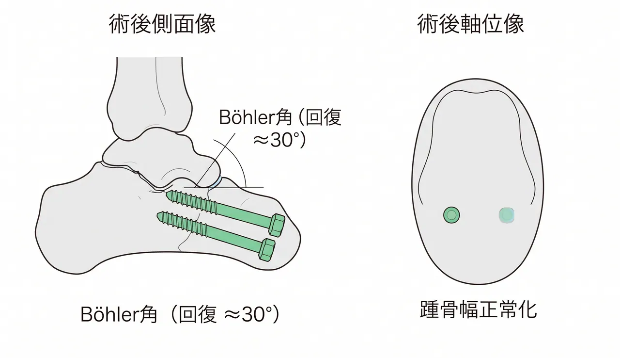 術後X線側面像・軸位像 — カニュレイテッドスクリュー固定後のBöhler角回復・スクリュー位置確認