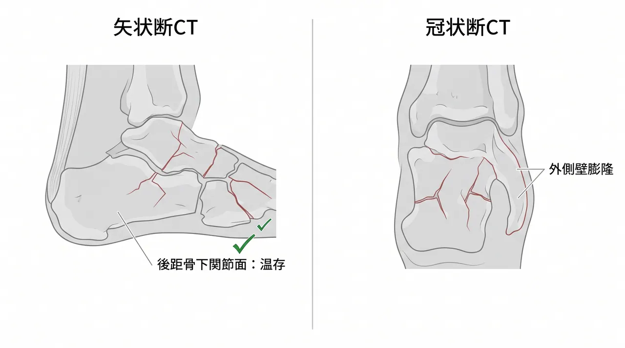 CT矢状断・冠状断 — 骨片数・転位量・アキレス腱付着部骨片・後距骨下関節面の温存確認